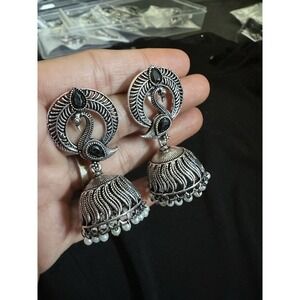 Indian Peacock & Pearl Detail Ethnic Silver oxidized Traditional  Jhumka Earring